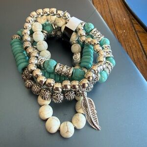 5 piece natural stone & stainless steel stretch bracelet. Made in USA